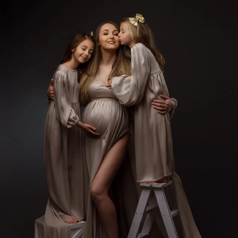 Flowing beige gown; mother with two daughters in matching dresses.